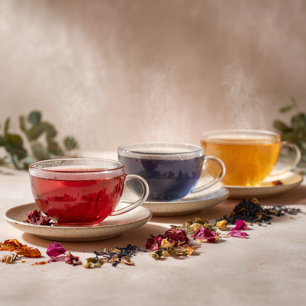 Three cups of inflammation and hormone balance teas with saucers on a table, surrounded by dried flowers.