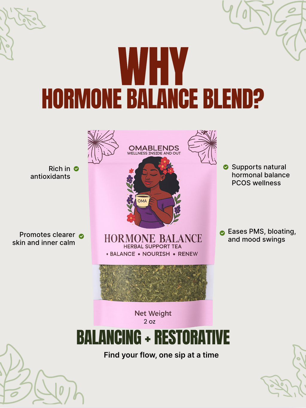 Ombreblends Hormone Balance blend packaging with text on a light background