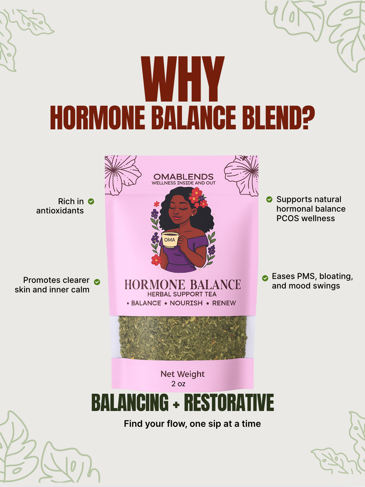 Ombreblends Hormone Balance blend packaging with text on a light background