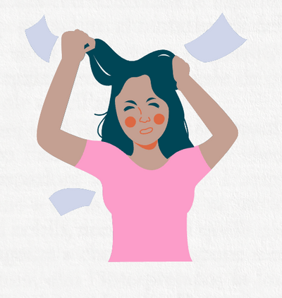 Illustration of a woman with blue hair holding it up, wearing a pink shirt on a light gray background.