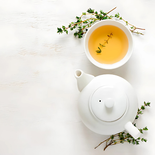 White teapot and cup with hormone balance tea from omablends on a light wooden surface